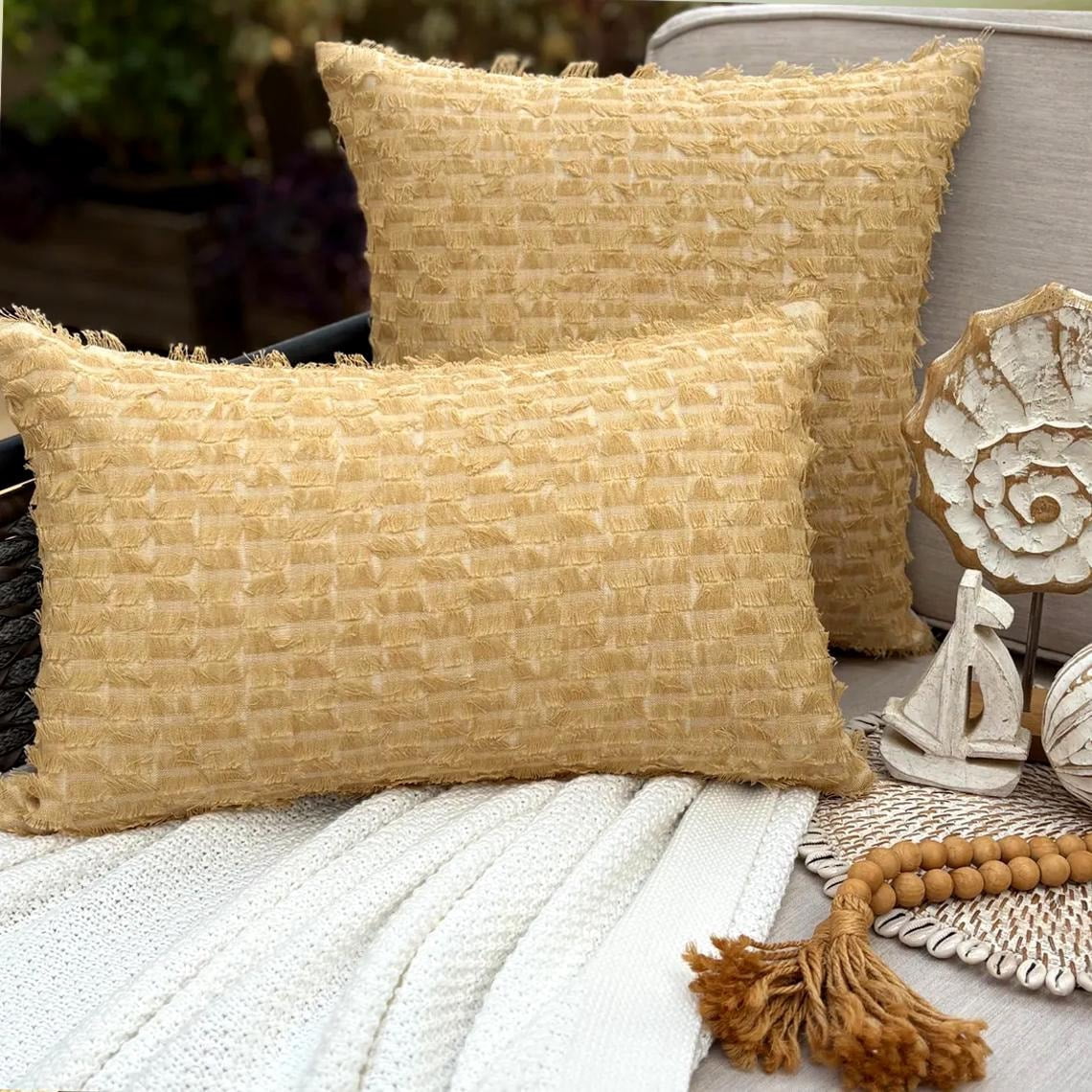 Beige Decorative Lumbar Pillow Cover 12"x16" | Boho Textured Jacquard ...