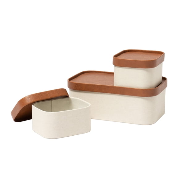 Beige Decorative Storage Boxes With Lids Baskets Leather-like Sturdy Stackable Paper Tray Modern Basket Organizer Bins For Shelve Bathroom Bedroom