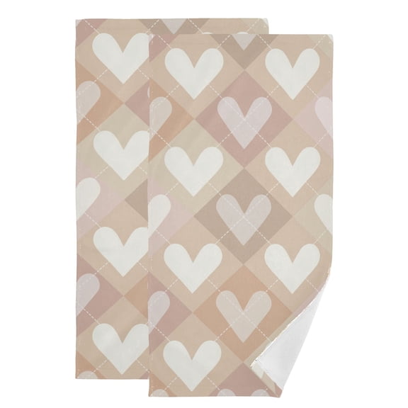 Beige Diagonal Plaids Valentine Hearts Hand Towel Absorbent Bath Towels for Bathroom Sports Gym 28" x 14" Set of 2
