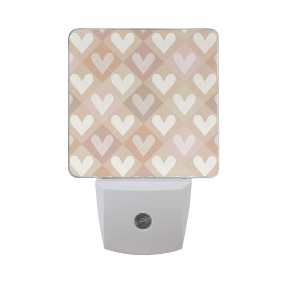 Beige Diagonal Plaids Valentine Hearts LED Night Light Sensor Lamp Plug-in Adjustable Brightness 2 Pack