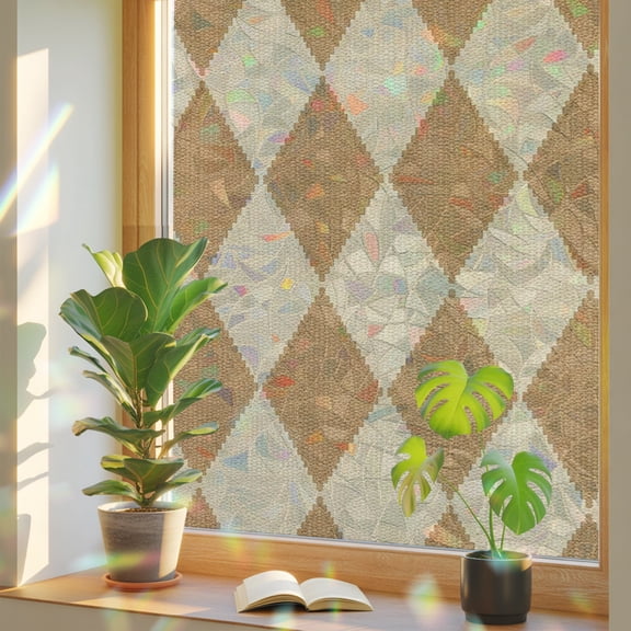 Beige Diamond Plaid Window Privacy Film, Modern Minimalist Geometric Classic Grid Static Cling Stained Glass Window Sticker Decorative Removable Rainbow Film for Glass 17.7”x39.3”