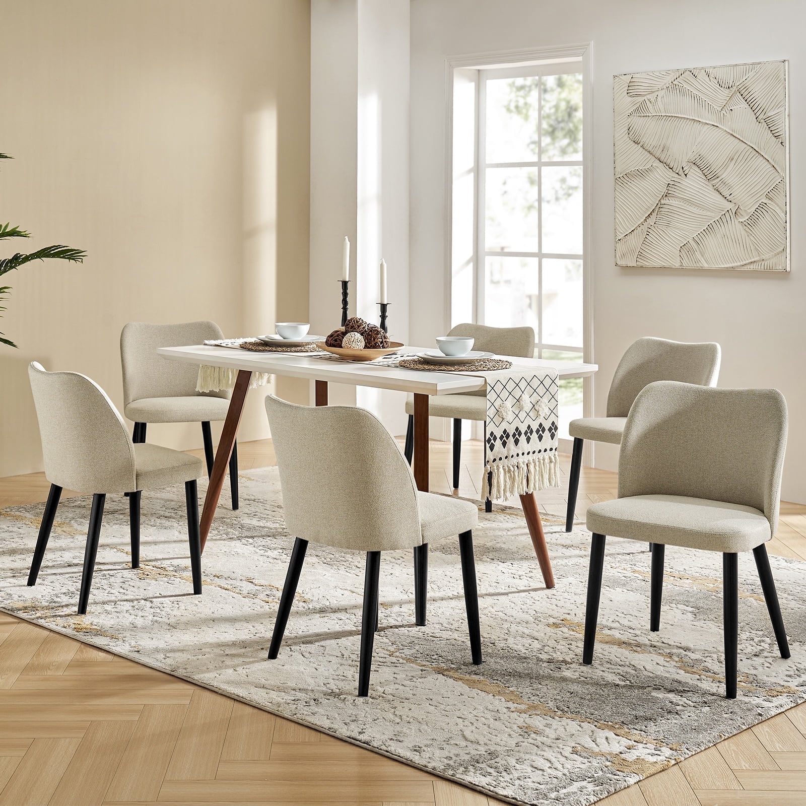 Beige Dining Chairs Set of 6 Side Chairs Solid Wood Curved Backrest