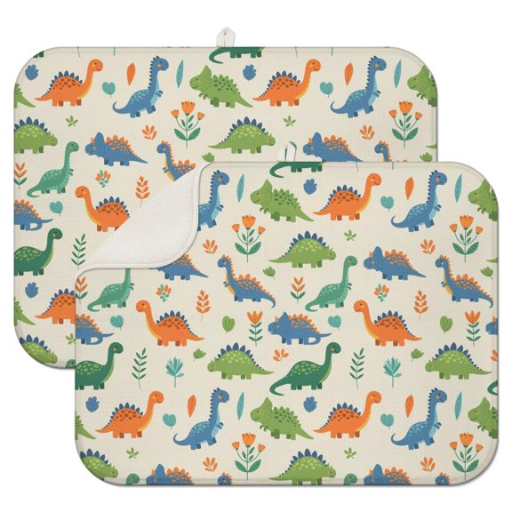 Beige Dinosaur Pattern Dish Drying Mat for Kitchen 1 Pack, Ultra Absorbent Microfiber Dishes Drainer Mats,18"x24"