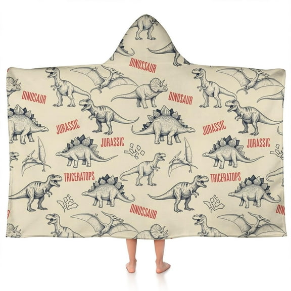 Beige Dinosaurs Text Pattern Hooded Bath Towel，50"x30" for Ages 3 To 12 Kids, Quick Dry Lightweight Soft Microfiber Hood Beach Towel Cover Up for Kids