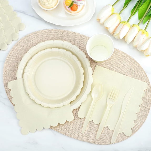 Beige Disposable Party Tableware Set for 25 Guests – Includes Wavy Rim Plates, Cups, Napkins, Cutlery – Paper Wedding Birthday Event Supplies 7pcs Pack