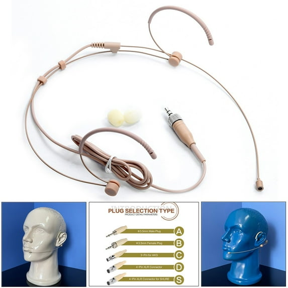 Beige Double Earhook Headset Mic Headworn Microphone 3.5mm 3 Pin For 4 Pin XLR Plug For Omnidirectional Microphone
