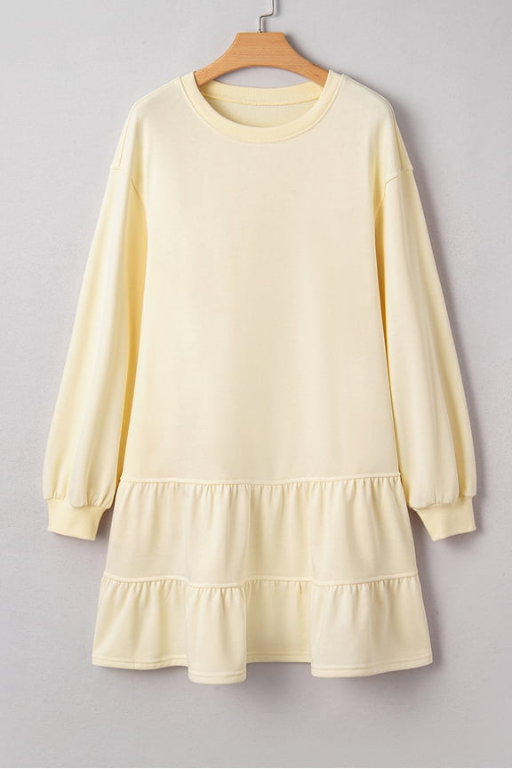 Beige Double Tiered Ruffle Hem Long Sleeve Loose Mini Dress
