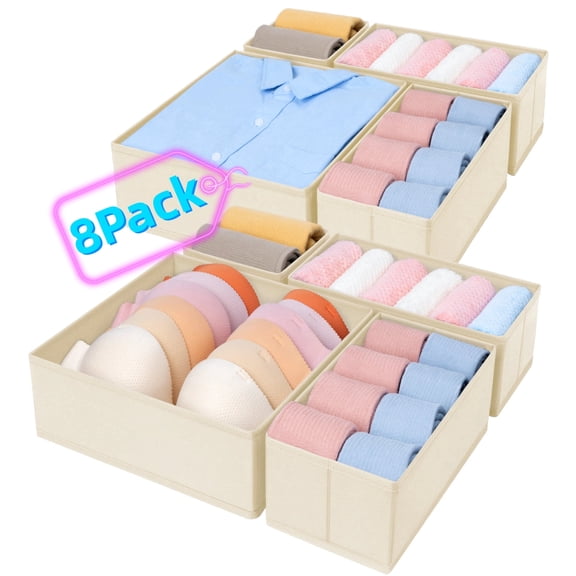 Beige Drawer Organizer Clothes, 8 Pack Dresser Drawer Dividers, Closet Storage Bins and Open Home Storage Bins for Jewelry, Underwears, Socks DIMJ