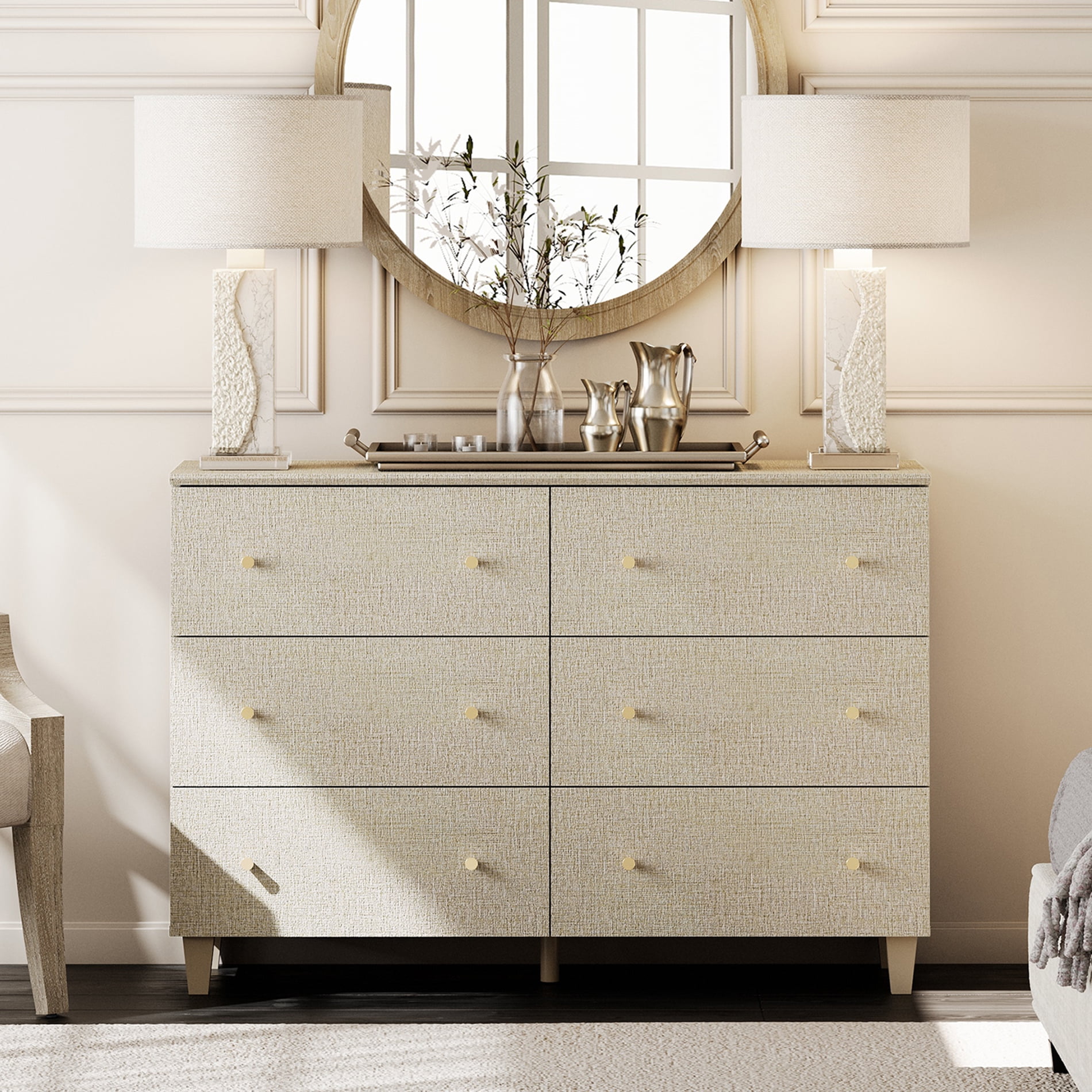 Beige Dresser with 6 Drawers for Bedroom, Modern Wood Wide Double Dressers, 47.2 Inches Wide Chest of Drawers