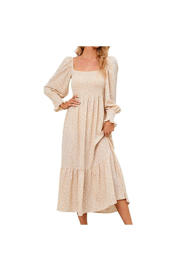 Beige Dresses for Women Puff Long Sleeve Printing Floral Pattern Holiday Dress Square Neck Fit And Flare Trendy Vacation Casual Sun Dress Maxi Fashion Daily A-Line Blouse Pleated Swing Hem Dress,L