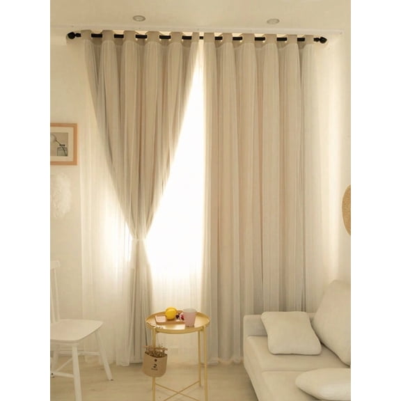 Beige Dual-Layer Mesh Sheer Window Curtain With Steel Grommets, 132cm Length, Solid Color For Living Room Or Bedroom