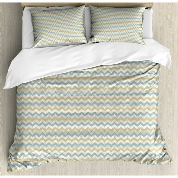 Beige Duvet Cover Set King Size, Chevron Stripe with Herringbone Line Pattern Geometric Arrangement Vintage, Decorative 3 Piece Bedding Set with 2 Pillow Shams, Beige Stale Blue Dust, by Ambesonne