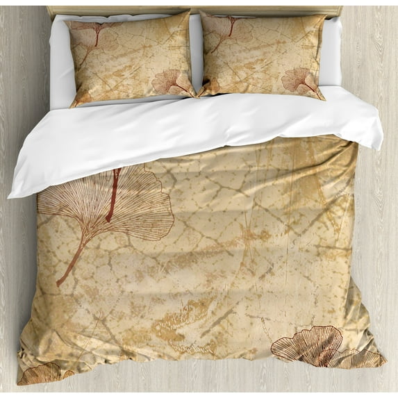 Beige Duvet Cover Set, Small Large Ginkgo Leaves Pattern Dramatic Dated Fossil Maidenhair Tree Nature Art, Decorative 3 Piece Bedding Set with 2 Pillow Shams, Queen Size, Beige Brown, by Ambesonne