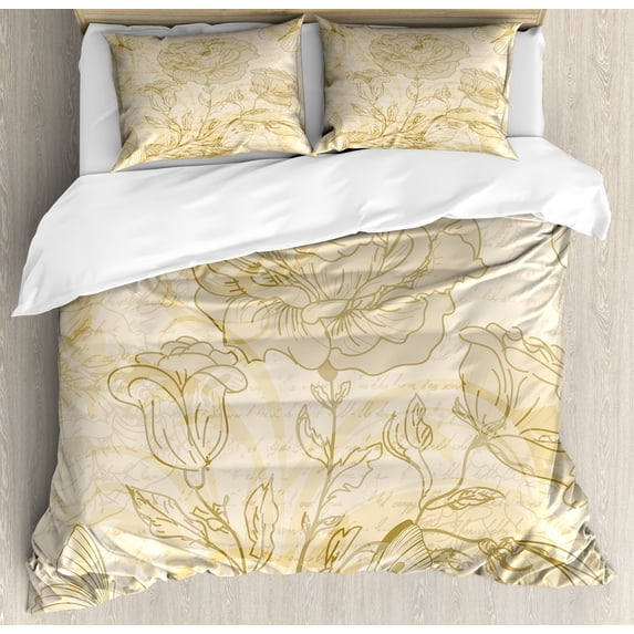 Beige Duvet Cover Set, Various Sized Flourishing Roses and Butterflies Spring on Grungy Background Retro, Decorative 3 Piece Bedding Set with 2 Pillow Shams, Queen Size, Mode Beige, by Ambesonne