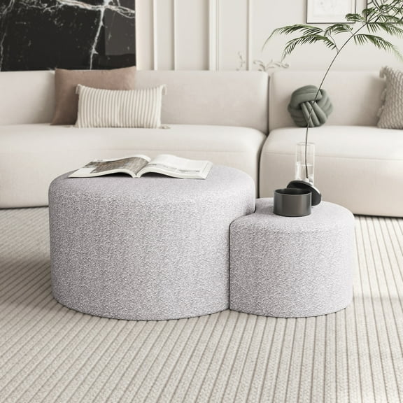 Beige Dyed Fabric Nesting Tables - Side Table & Footrest For Living Room Multipurpose Upholstered Coffee Foam Padding Office Entryway