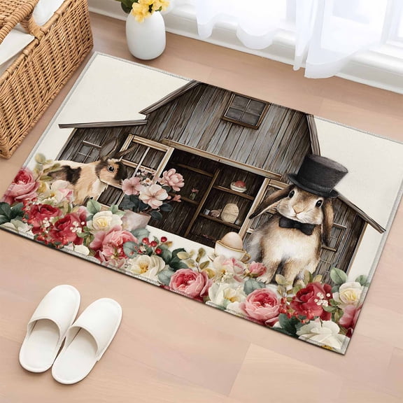 Beige Easter Bunny 2'x3' Washable Rug, Spring Retro Farmhouse Rabbits Floral Non-Slip Soft Doormat Area Rugs for Entrance Bathroom Bedsides, Carpet for Kitchen Bedroom, Entryway Floor Mat