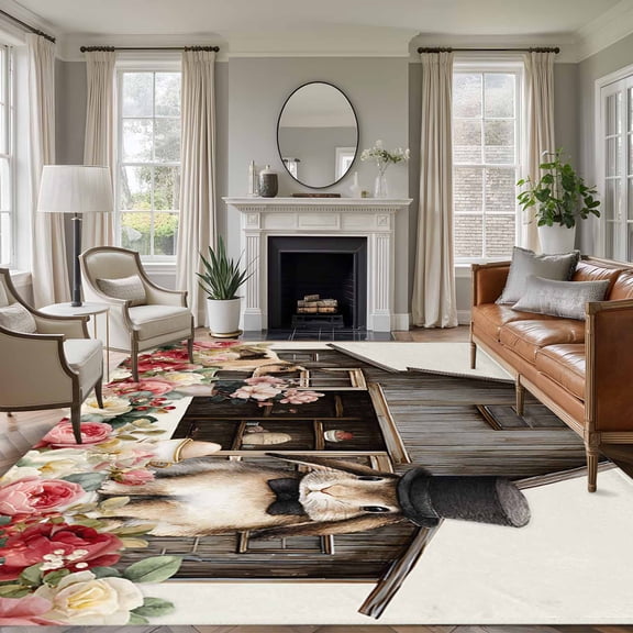 Beige Easter Bunny 5'x8' Area Rug for Living Room, Spring Retro Farmhouse Rabbits Floral Washable Non-Slip Rugs for Bedroom Nursery Dining Room, Low-Pile Kitchen Carpet Large Entryway Rugs