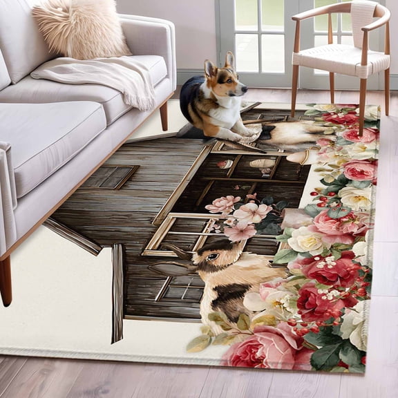 Beige Easter Bunny Area Rug 4'x6', Spring Retro Farmhouse Rabbits Floral Washable Non-Slip Rugs, Low Pile Large Carpet for Living Room Bedroom Dining Room Kitchen Office Indoor Mat
