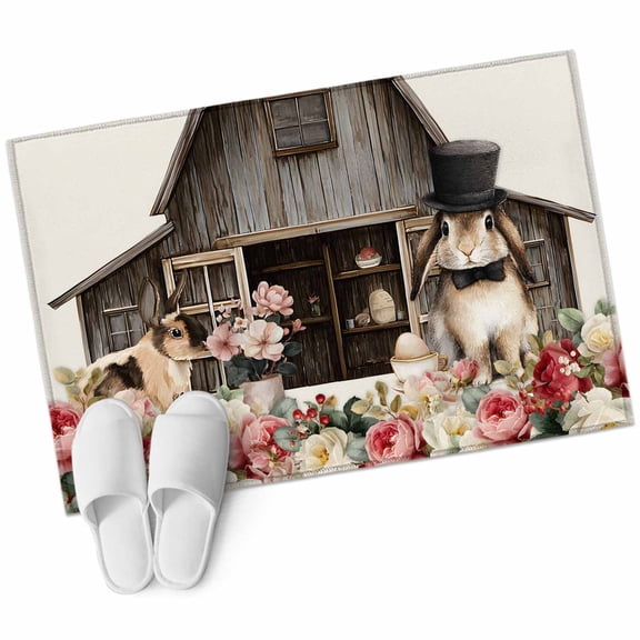 Beige Easter Bunny Area Rugs Collection 2'x3', Spring Retro Farmhouse Rabbits Floral Non Slip Indoor Rectangle Throw Runner Rug Floor Mat Carpet for Living Room Dining Table Bedroom Nursery