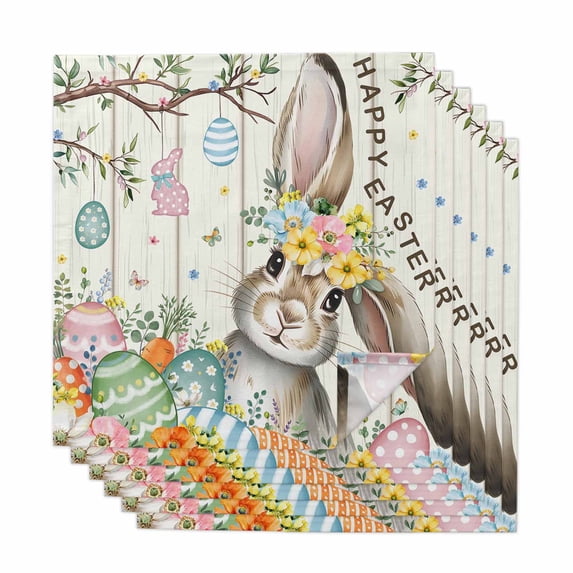 Beige Easter Bunny Cloth Napkins, Spring Easter Eggs Floral Wooden Washable and Reusable Dinner Napkins Set of 6, Table Napkin for Kitchen Party Birthday Wedding Hotel Housewarming 20"x20"