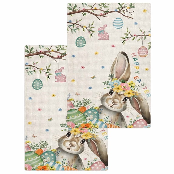 Beige Easter Bunny Kitchen Dish Towels for Drying Dishes Set of 2, Spring Easter Eggs Floral Rustic Burlap Waffle Weave Microfiber Hand Tea Bathroom Towels Quick Dry & Absorbent Towel 15.7x23.6