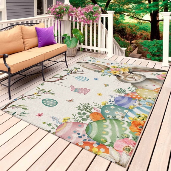 Beige Easter Bunny Outdoor Rug 4x6 Ft, Non Slip Washable Area Rug, Spring Easter Eggs Floral Rustic Burlap Patio Rugs Carpet Runner, Large Floor Mat for Indoor/Outdoor Deck Porch Camping