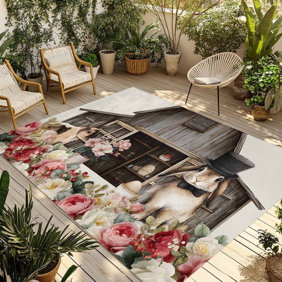 Beige Easter Bunny Outdoor Rug for Patio/Deck/Porch, Non-Slip Large Area Rug 4 x 6 Ft, Spring Retro Farmhouse Rabbits Floral Indoor Outdoor Rugs Washable Area Rugs, Camping Rug Carpet Runner