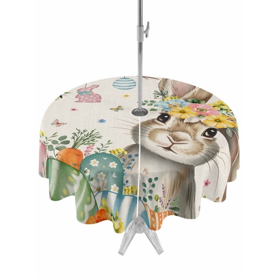 Beige Easter Bunny Outdoor Tablecloth - 54 Inch Round Dining Table Cover, Spring Easter Eggs Floral Rustic Burlap Waterproof Outdoor Table Cloth with Umbrella Hole & Zipper for Picnic/Patio/Party