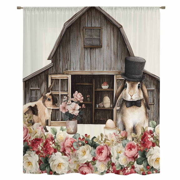Beige Easter Bunny Sheer Curtains 54 Inches Long, Spring Retro Farmhouse Rabbits Floral Light Filering Curtains, Breathable Simi Curtain Privacy Drapes for Kitchen Bathroom Small Window Treatment