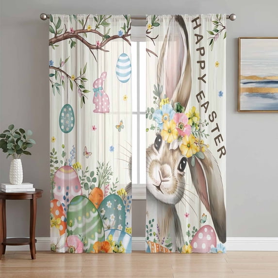 Beige Easter Bunny Sheer Curtains 72 Inch Length 2 Panels Set Window Treatments, Spring Easter Eggs Floral Wooden Rod Pocket Semi Curtains for Living Room/Bedroom/Kitchen Décor, 104"W x 72"L