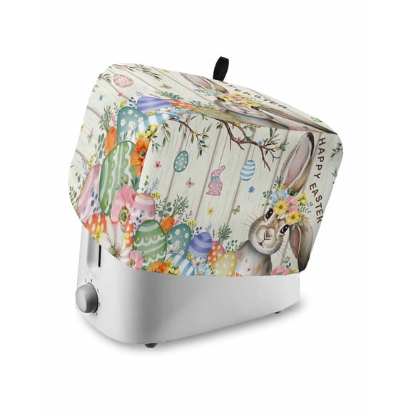 Beige Easter Bunny Small Toaster Cover 2 Slice, Kitchen Appliance Covers, Spring Easter Eggs Floral Wooden Toaster Oven Cover with Loop, Bread Machine Cover Polyester Dust Cover Protection