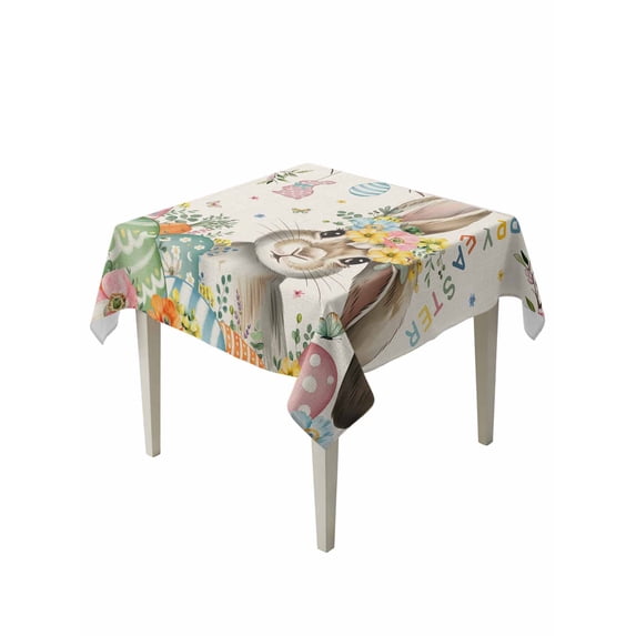 Beige Easter Bunny Suqare Tablecloth - 54 x 54 Inch, Spring Easter Eggs Floral Rustic Burlap Waterproof & StainResistant Tablecloth, Washable Oil-proof Table Cover for Dining/Party/Wedding/Buffet