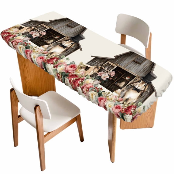 Beige Easter Bunny Table Cloths for 8 Foot Rectangle Tables, Spring Retro Farmhouse Rabbits Floral Patio Waterproof Elastic Fitted Tablecloths, Washable Rectangular Table Cover for Camping