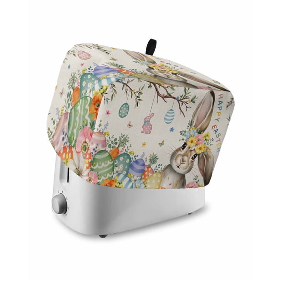 Beige Easter Bunny Toaster Cover 2 Slice, Small Kitchen Appliance Covers, Spring Easter Eggs Floral Rustic Burlap Toaster Oven Cover with Loop, Bread Machine Cover Polyester Dust Cover Protection