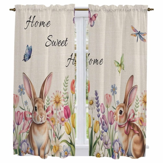 Beige Easter Kitchen Curtains 63 Inch Length, Spring Watercolor Vintage Tulip Flower Plant Tiers Curtains for Living Room Berdoom Bathroom, Light Filtering Drapes Window Treatment 2 Panels 42"Wx63"L