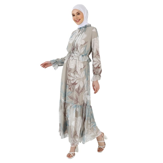 Beige - Ecru - Floral - Crew neck - Fully Lined - Modest Dress - Refka