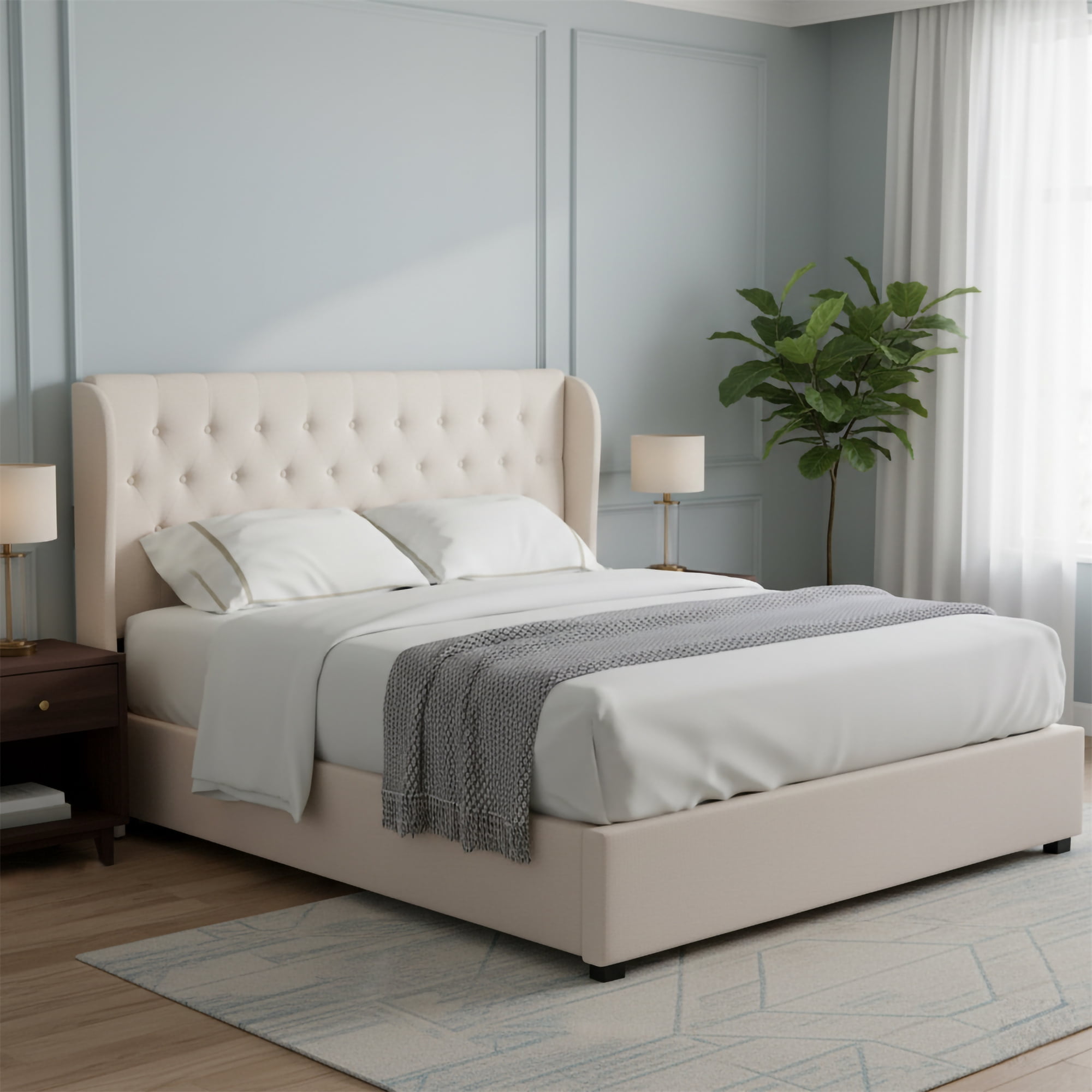Beige Elegant Tufted Wingback Headboard, King