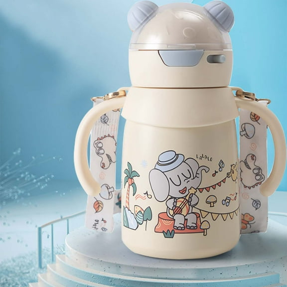 Beige Elephant Kids Water Bottle with Handle,Leak Proof Stainless Vacuum Insulated for School Boys and Girls,Cute and Functional