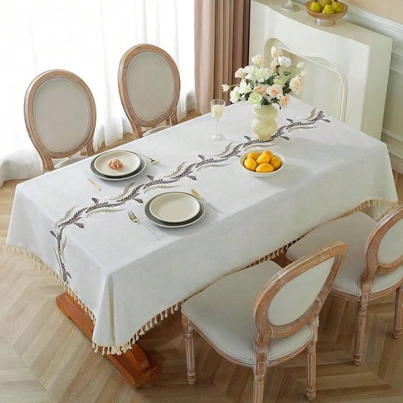 Beige Embroidered Rectangular Tablecloth Cotton Linen Farmhouse Style ...