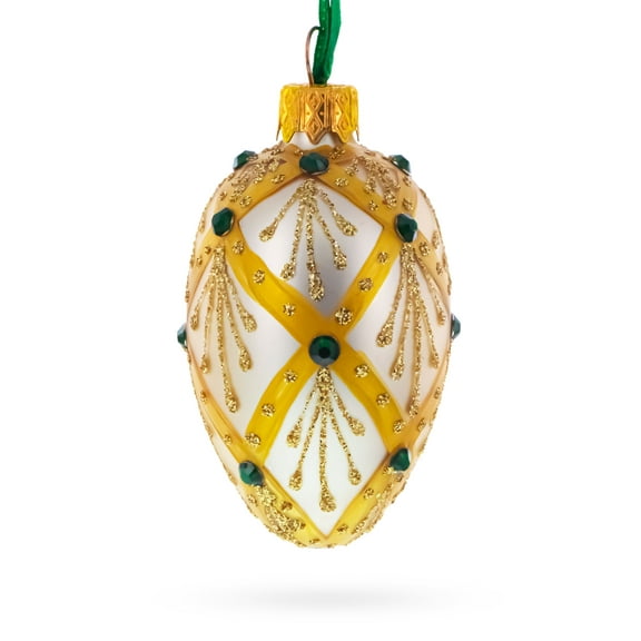 Beige & Emerald Jewel Accented Mini Glass Egg Ornament 2.9 Inches