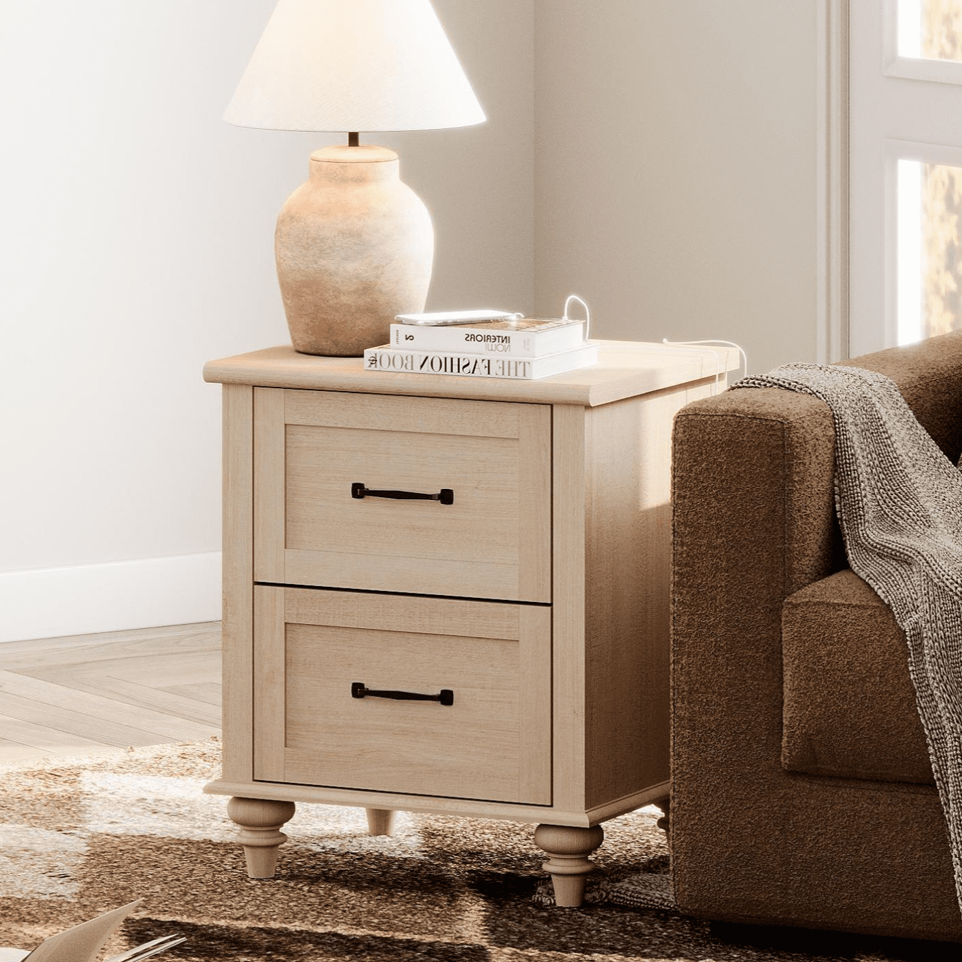 Beige End Table with 2 Drawers, Wooden Side Table Nightstand with Charging Station for Living Room & Bedroom