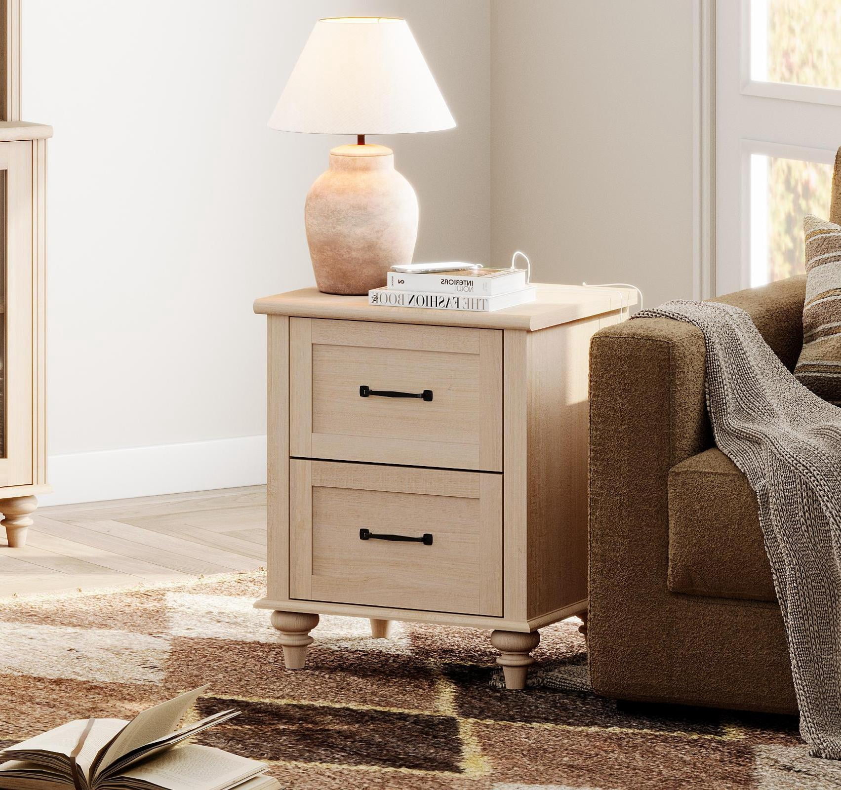 Beige End Table with Charging Station, 2-Drawer Nightstand for Bedroom, Elegant Side Table for Living Room, Dorm