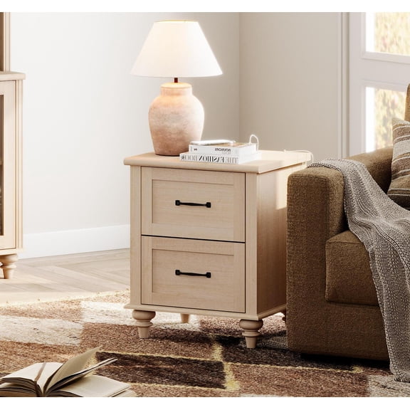 Beige End Table with Charging Station, 2-Drawer Nightstand for Bedroom, Elegant Side Table for Living Room, Dorm