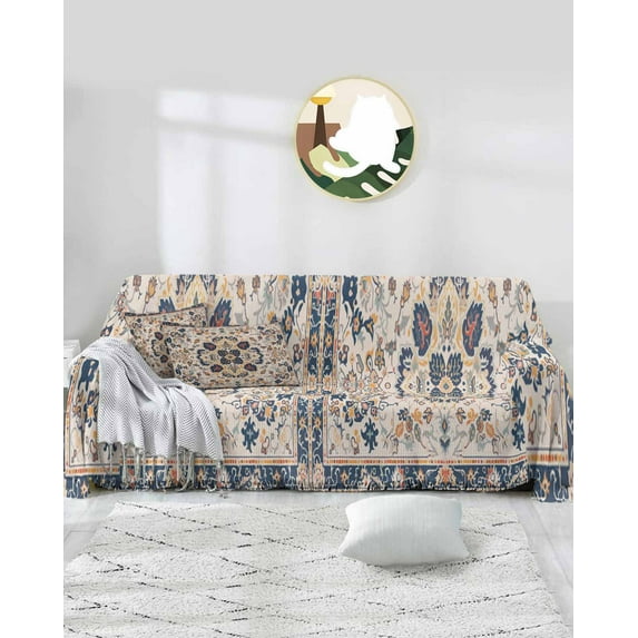 Beige Ethnic Boho Sofa Covers for 3 Cushion,Washable Couch Cover for Sectional Sofa Slipcovers with Tassel,Oriental Bohemian Antique Tribal Floral Loveseat Covers Futon Cover Throw Blanket 71x118