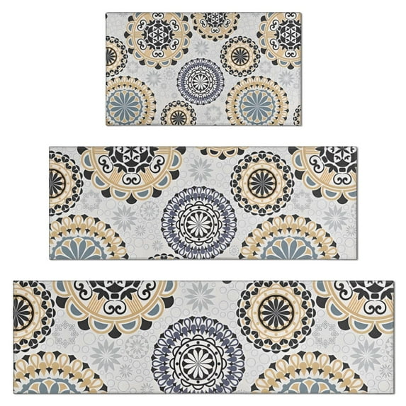 Beige Ethnic Mandala Pattern Kitchen Rugs Sets Of 3,Kitchen Runner Rugs Non Skid Washable,Decorative Kitchen Floor Mats for Kitchen,Sink,Laundry,17"x30"+ 17"x47" + 17"x59"