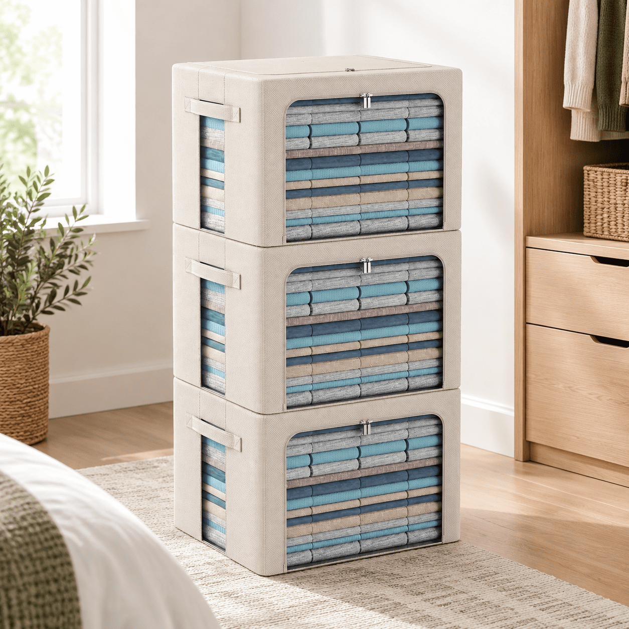Beige Extra Large-100L 3-Pack Oxford Fabric Foldable Stackable Storage ...