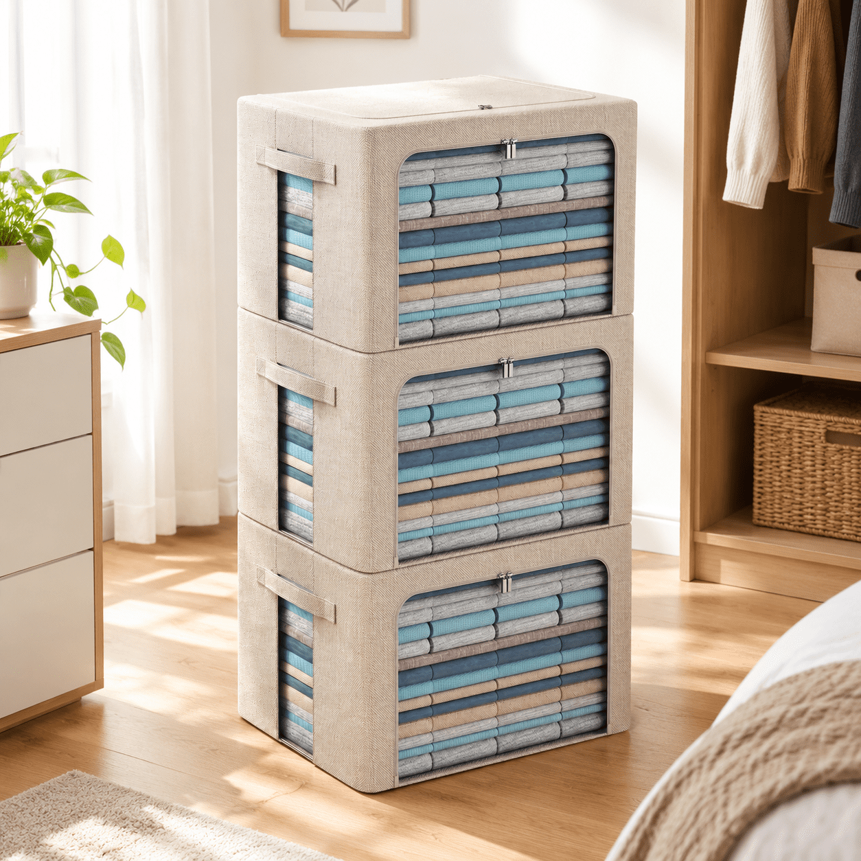 Beige Extra Large-100L Foldable Linen Storage Box with Window and Carry ...