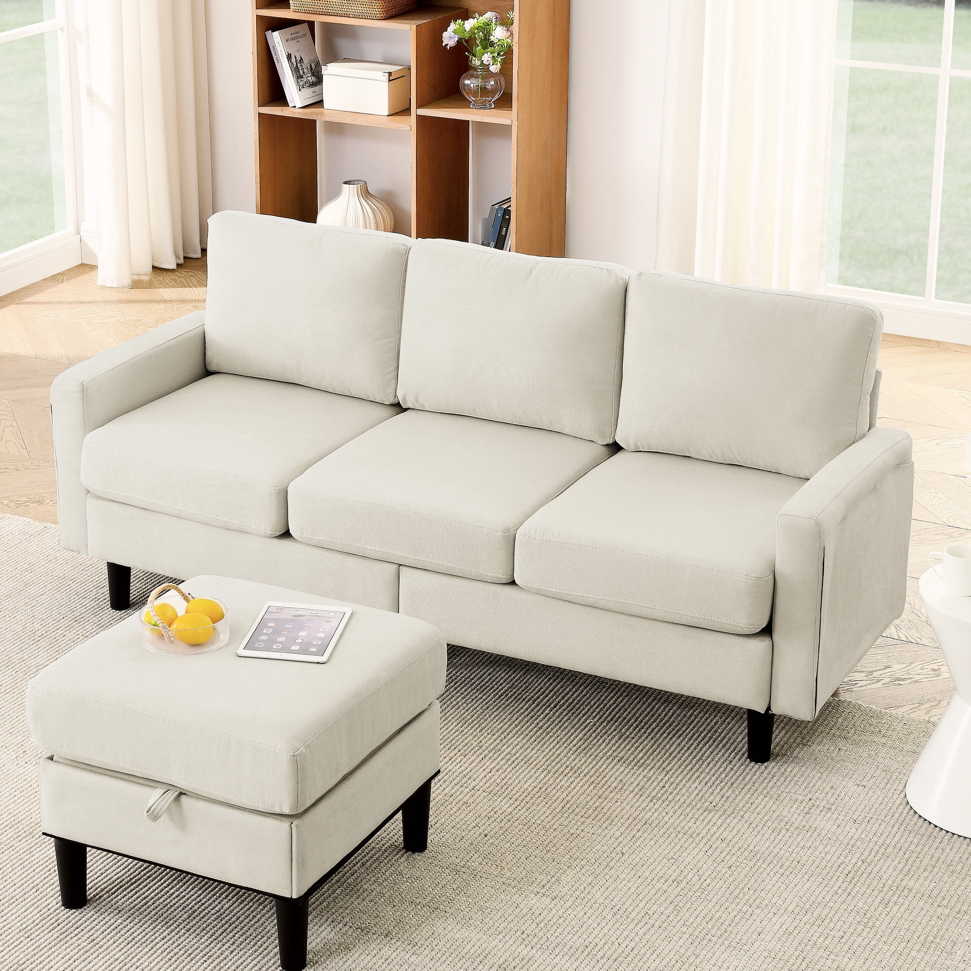 Beige Fabric 3 Seater With Storage And L Shaped Design For Apartment ...