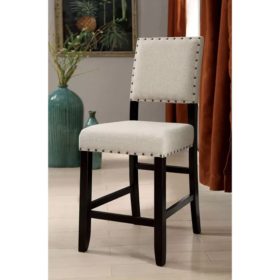 Beige Fabric Counter Height Dining Chairs Set of 2, Antique Black Finish Wood Upholstered Back Nailhead Trim Modern
