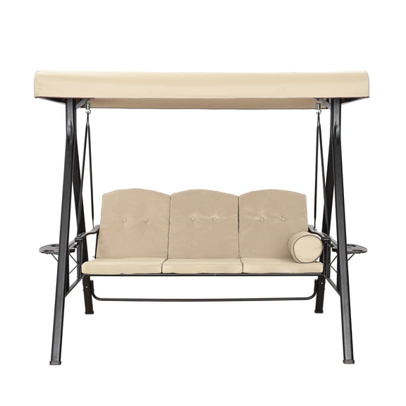 Beige Fabric+Metal Steel 3 Person Outdoor Canopy Swing Patio Swing with Removable Mat and Convertible Canopy with 660 Lb Capacity